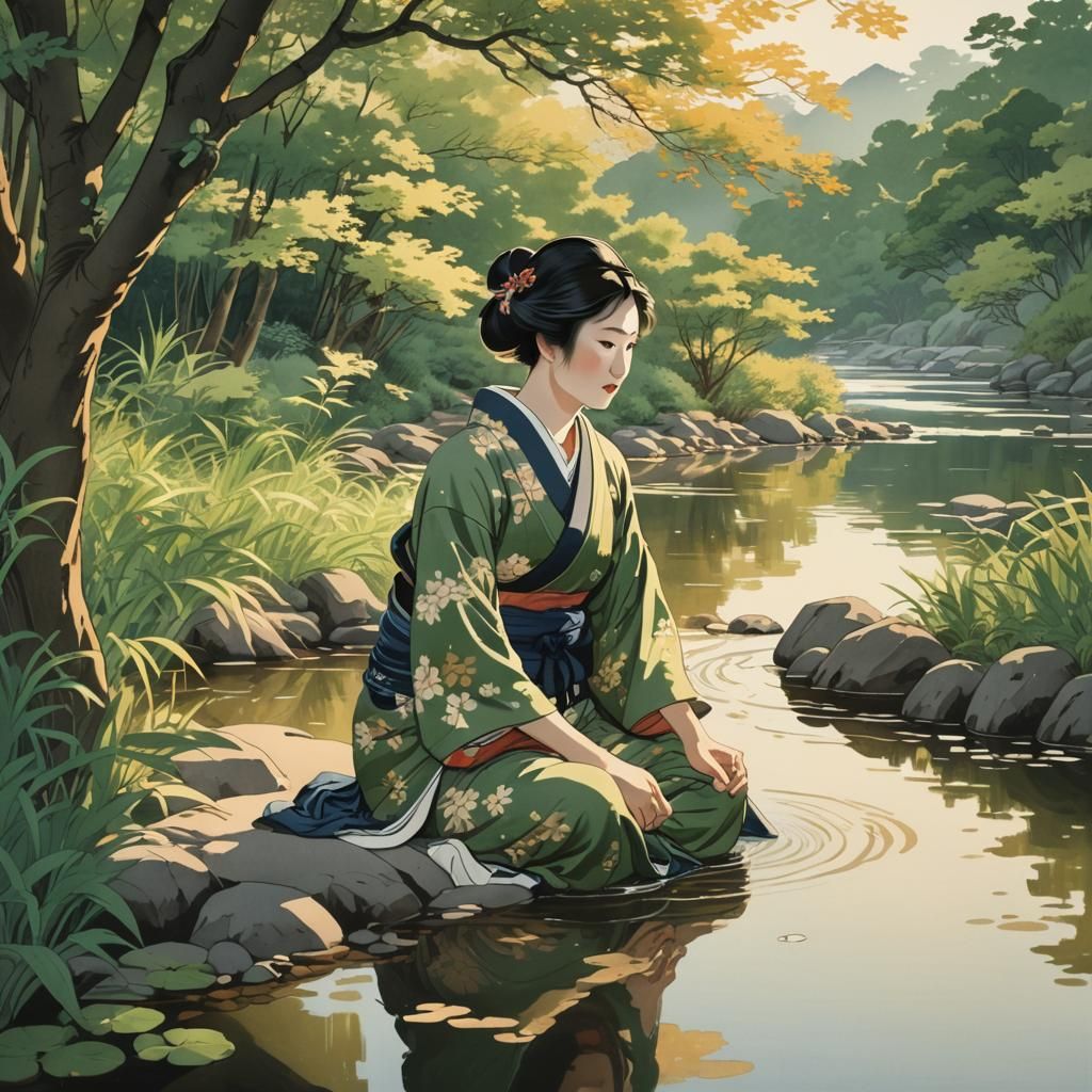 Ukiyo-e River Scene with Sunlight, Inspired by Hokusai