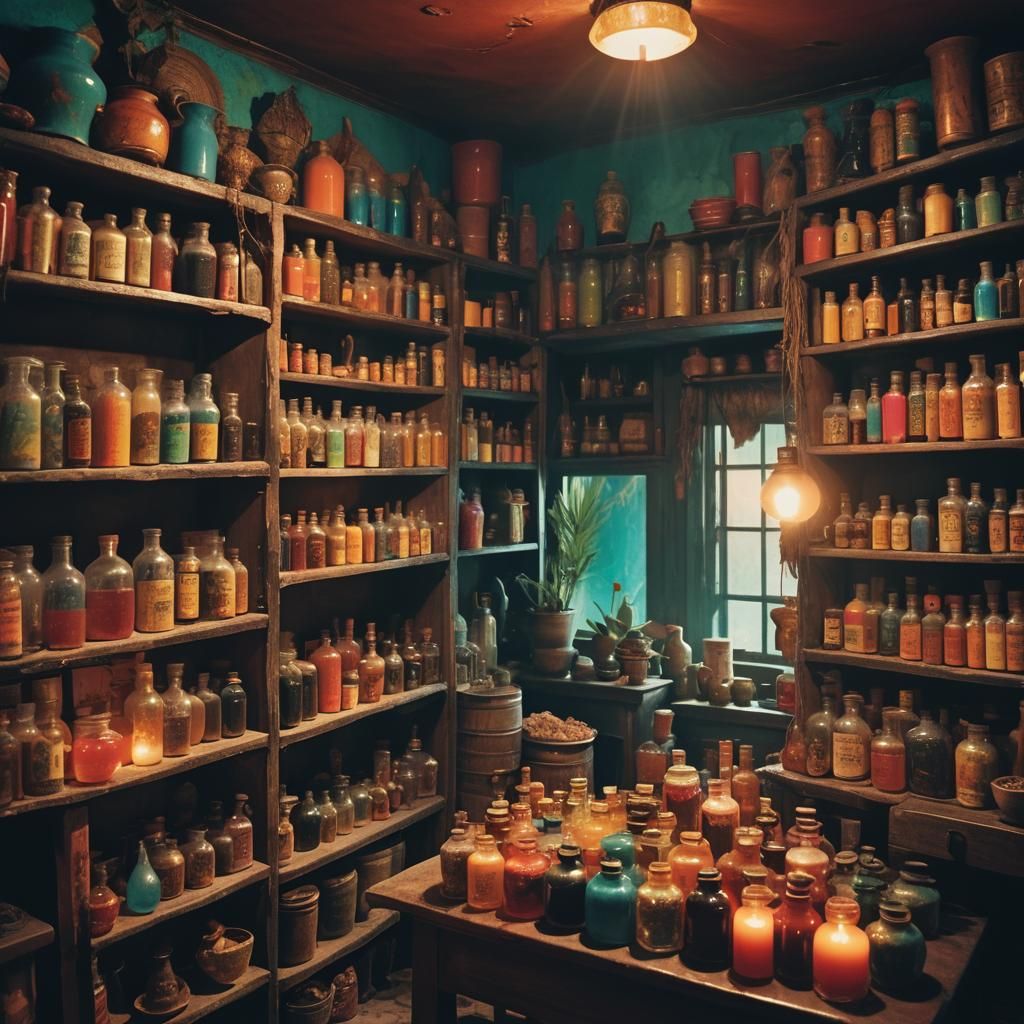 Caribbean House Interior with Herbal Remedies in Film Aesthe...