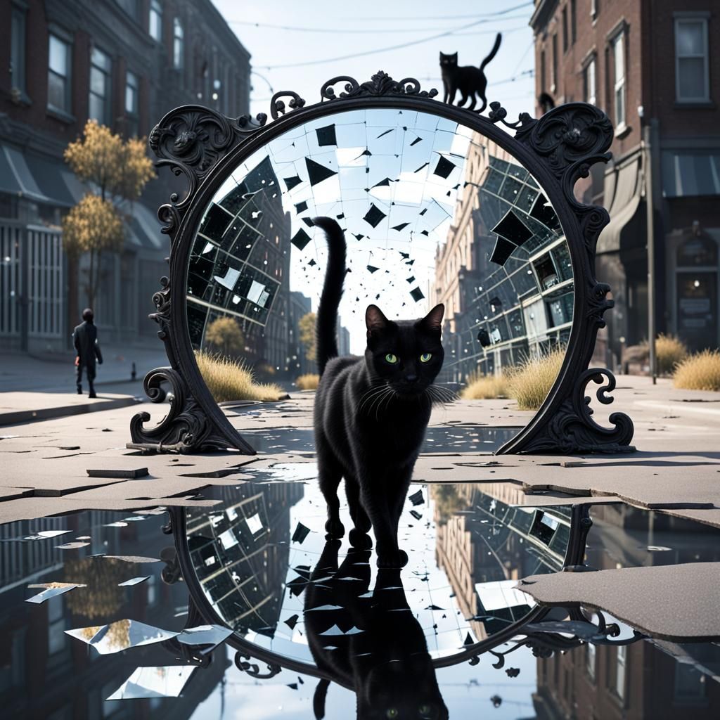 Ominous Black Cat Crossing Broken Mirror