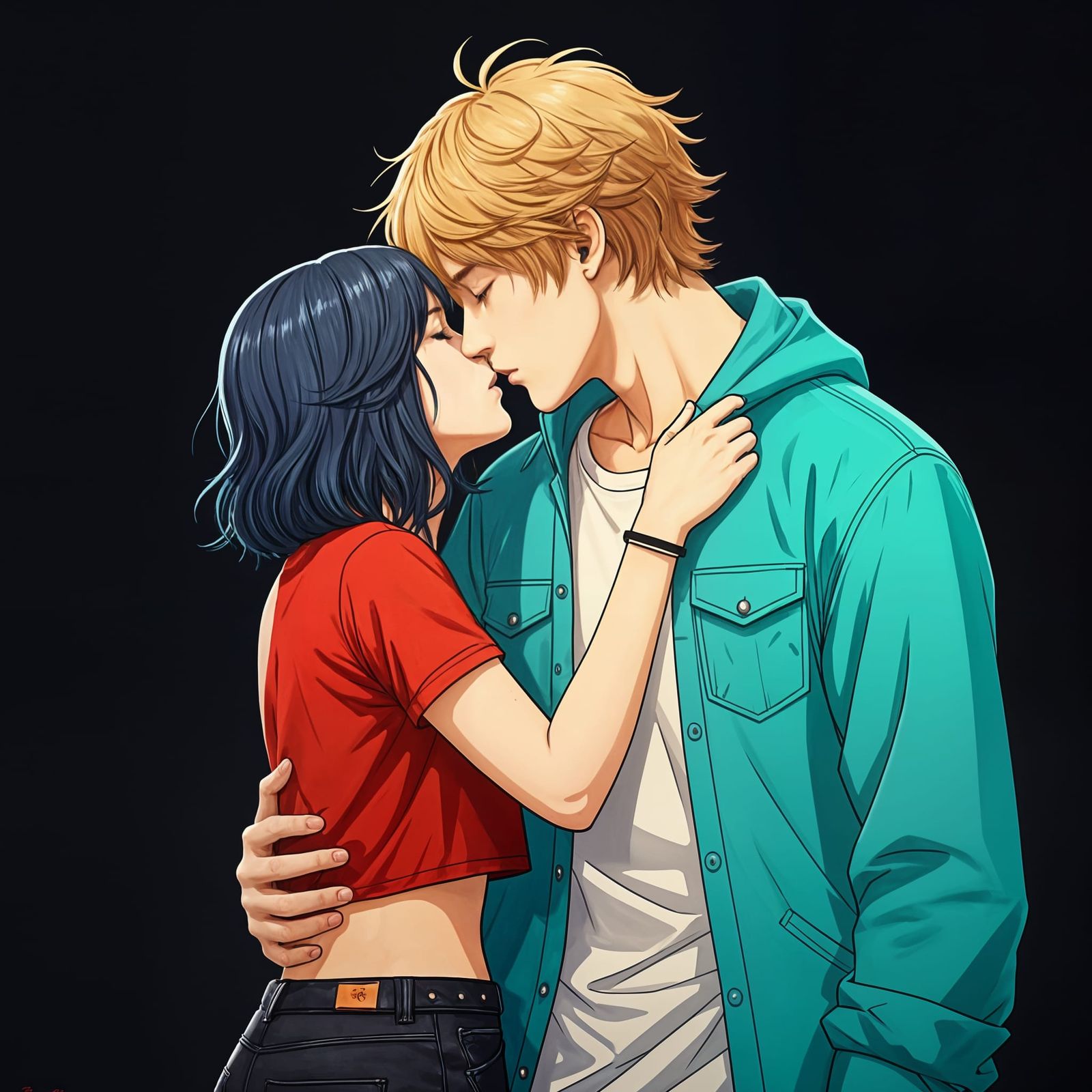 Young Couple's First Kiss, Hyperdetailed Portrait