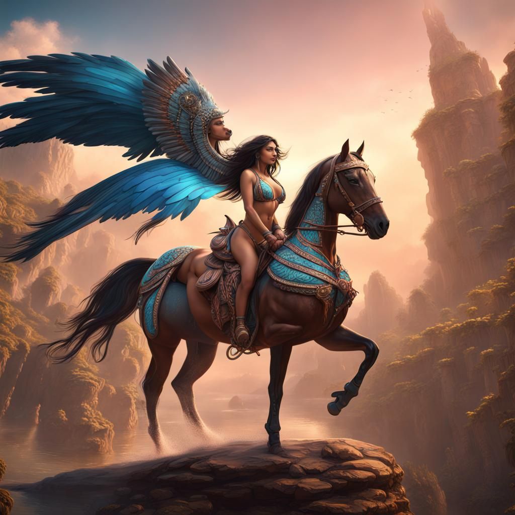 Winged Woman Rides Horse in Fantasy Art