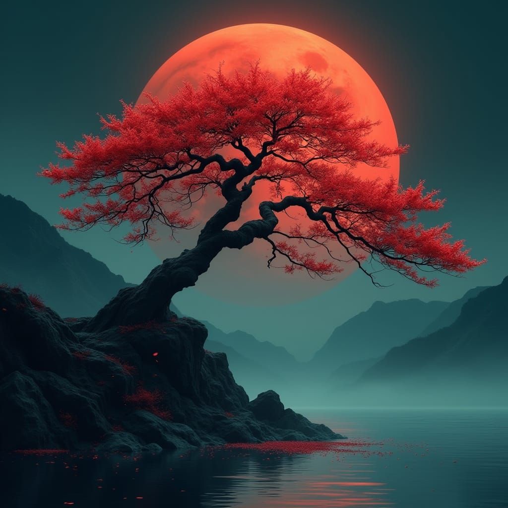 Ethereal Cherry Blossom Tree Silhouetted Against Crimson Blo...