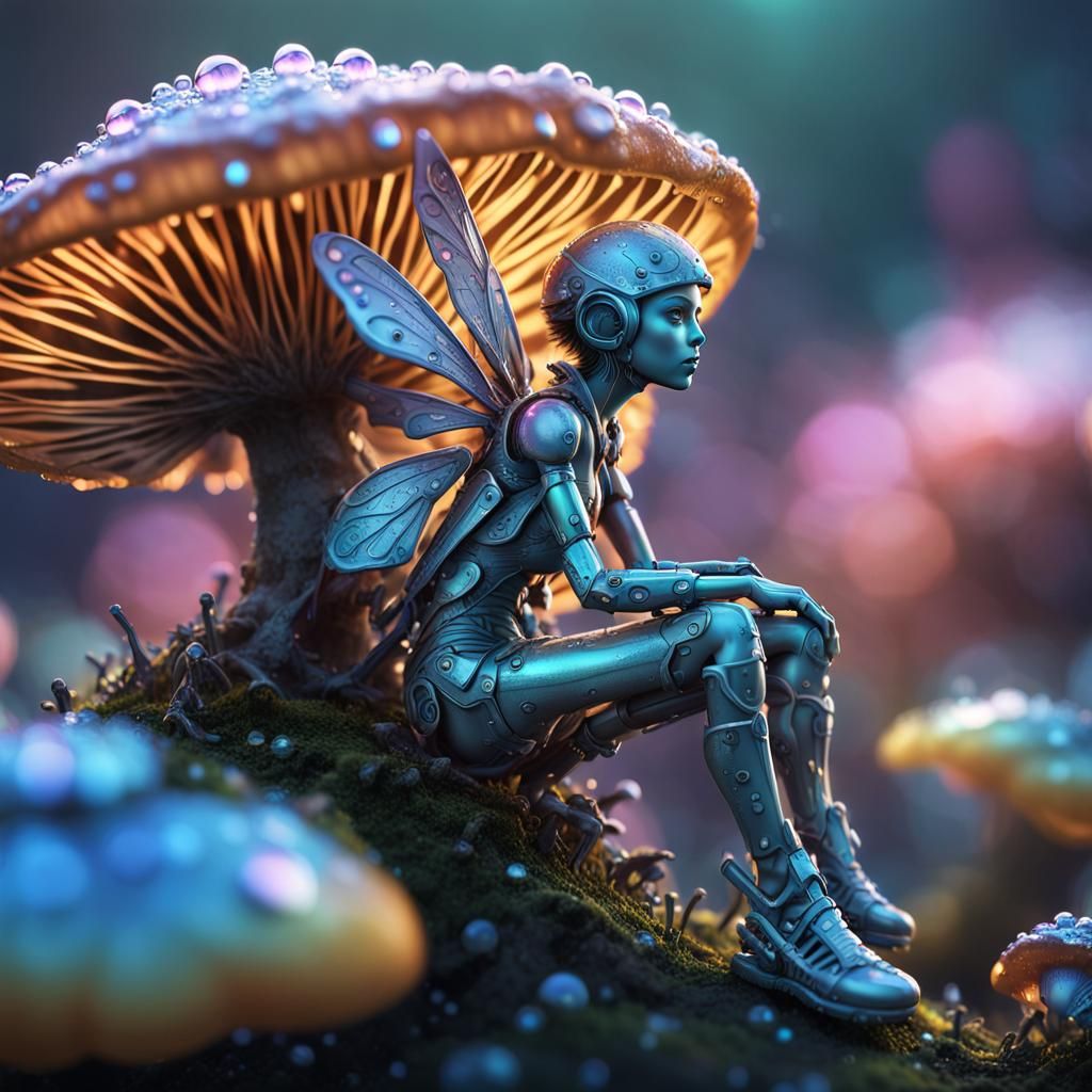 Biomechanical Fairy on Mushroom: Macro Sci-Fi Scene