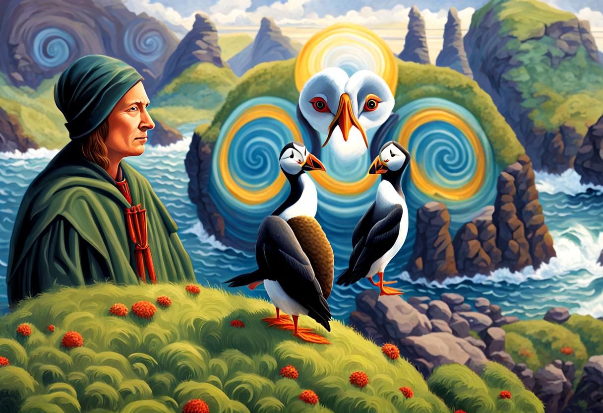 Dramatic Coastal Scene with Mutant Puffins