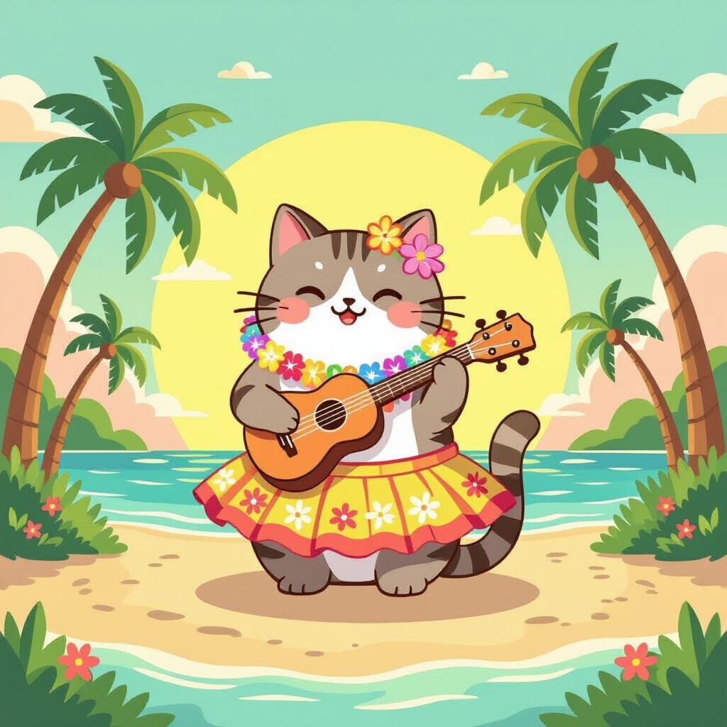 Pusheen Cat Plays Ukulele on Tropical Island U
