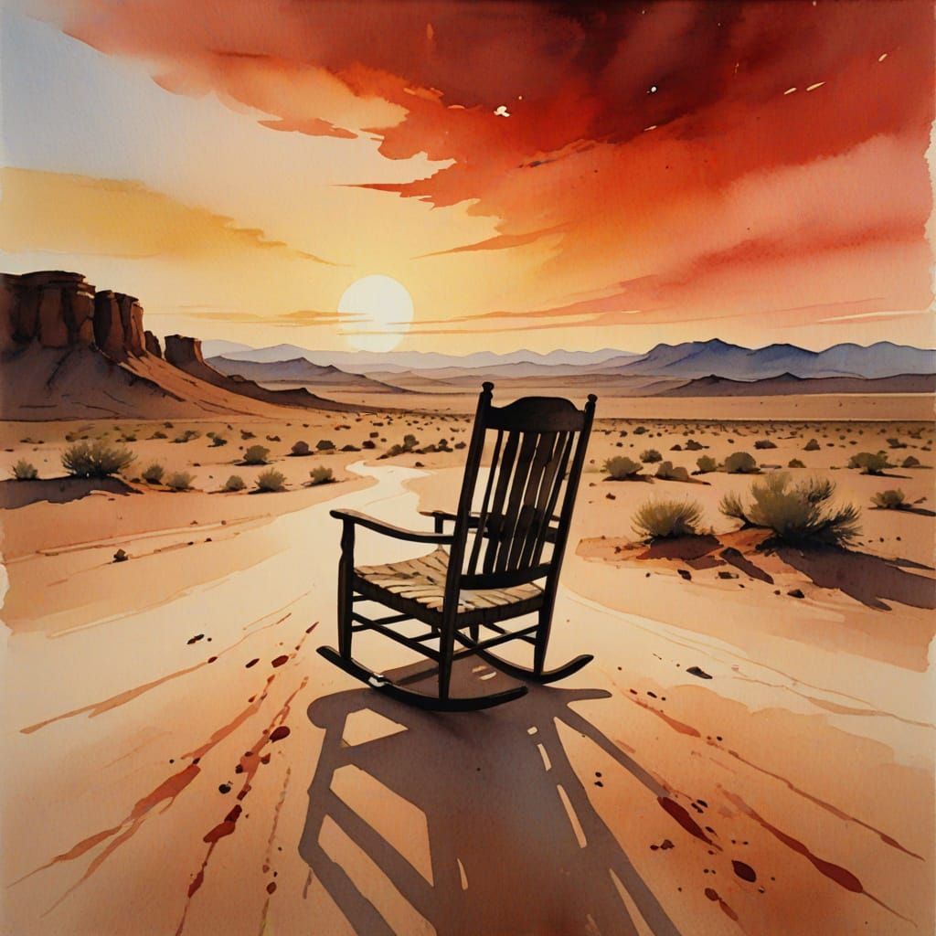 Desert Rocking Chair Under a Blood-Red Sky in Watercolor