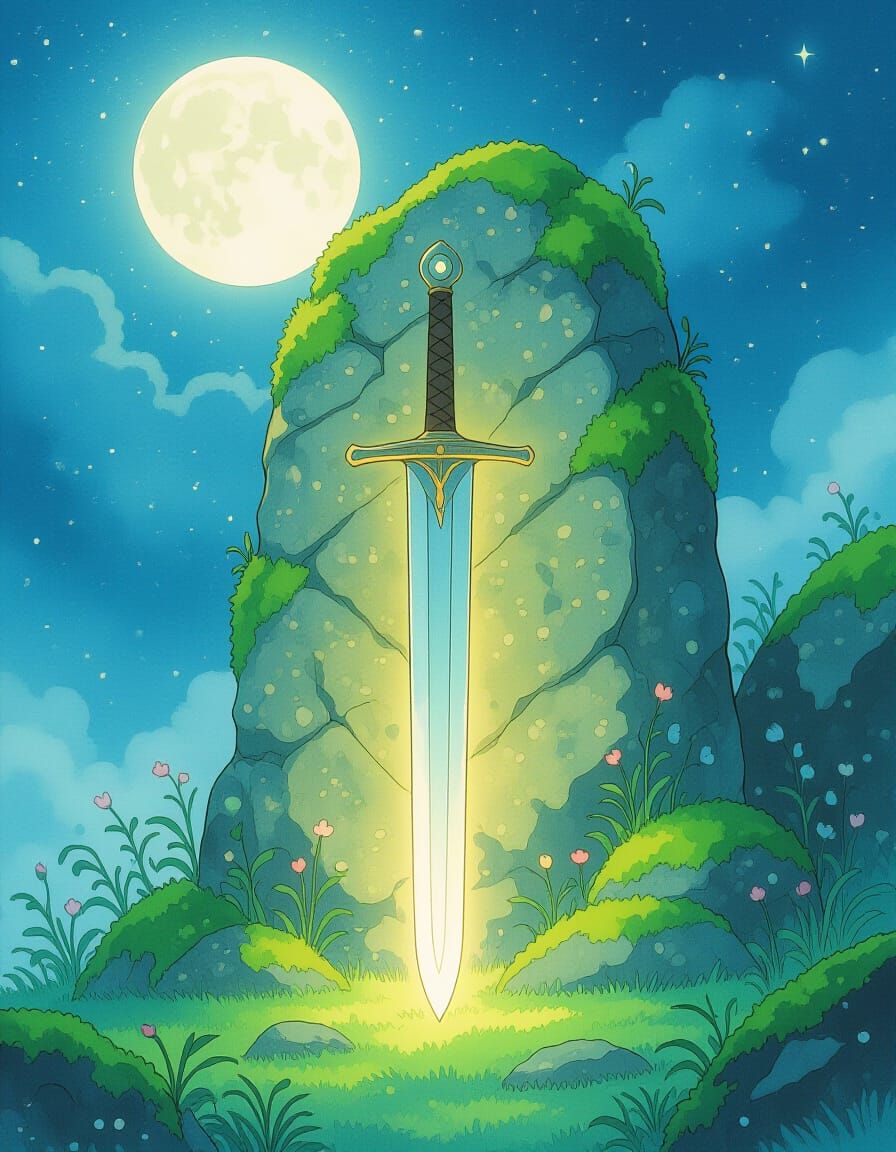 Mystical Sword in Stone: Miyazaki-Inspired Art