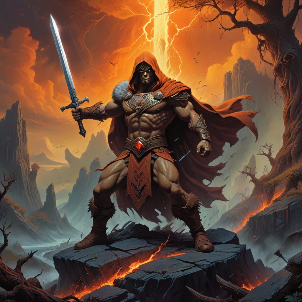 Muscular He-Man, clad in his signature fur-lined loincloth a...