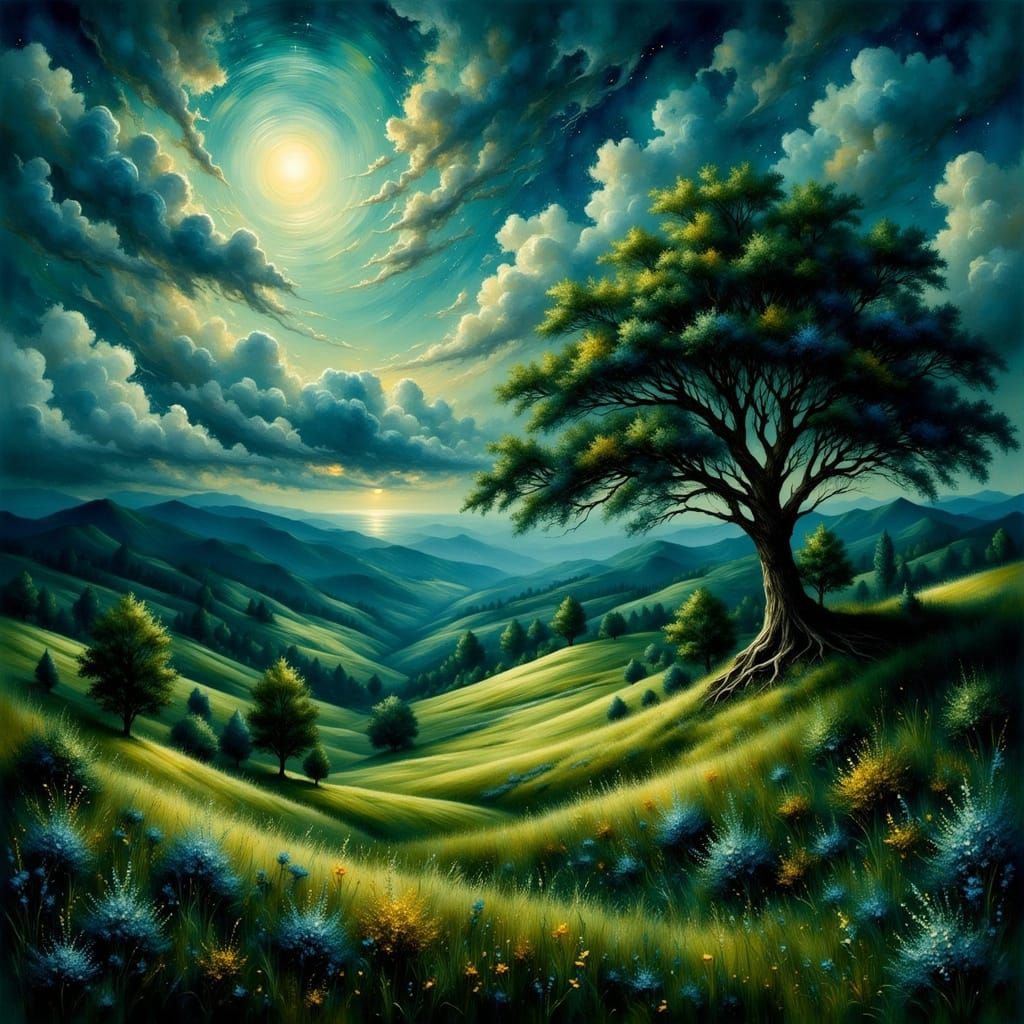 Serene Twilight Landscape with Ancient Oaks Under Full Moon