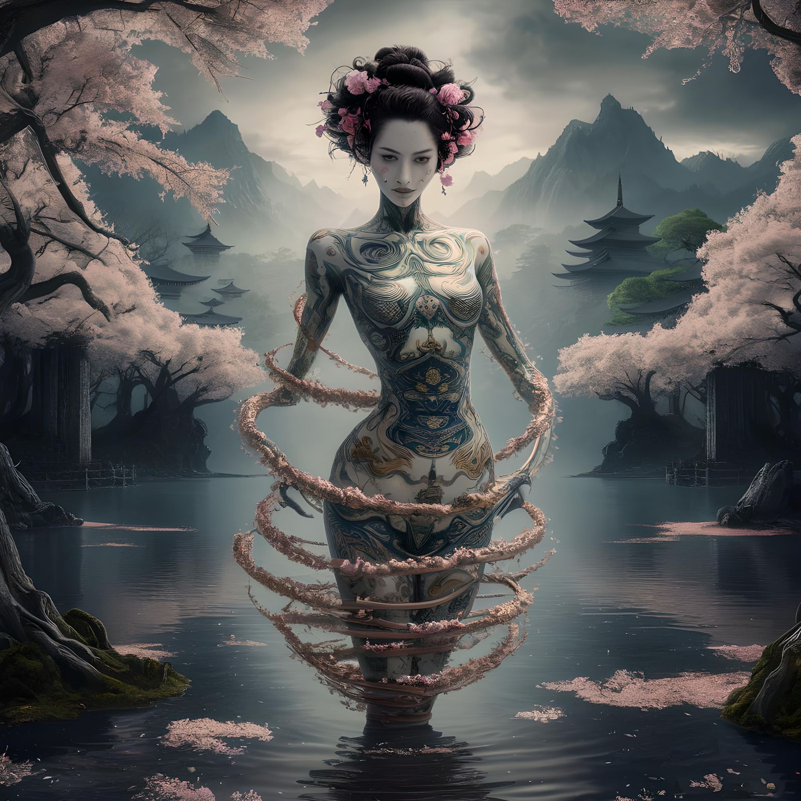 Ethereal Sakura Lake with Spiraling Figure, Greg Rutkowski S...