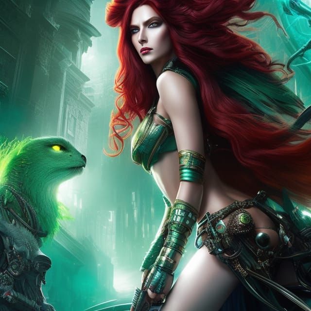 Elaborate Cyberpunk Goddess with Red Hair