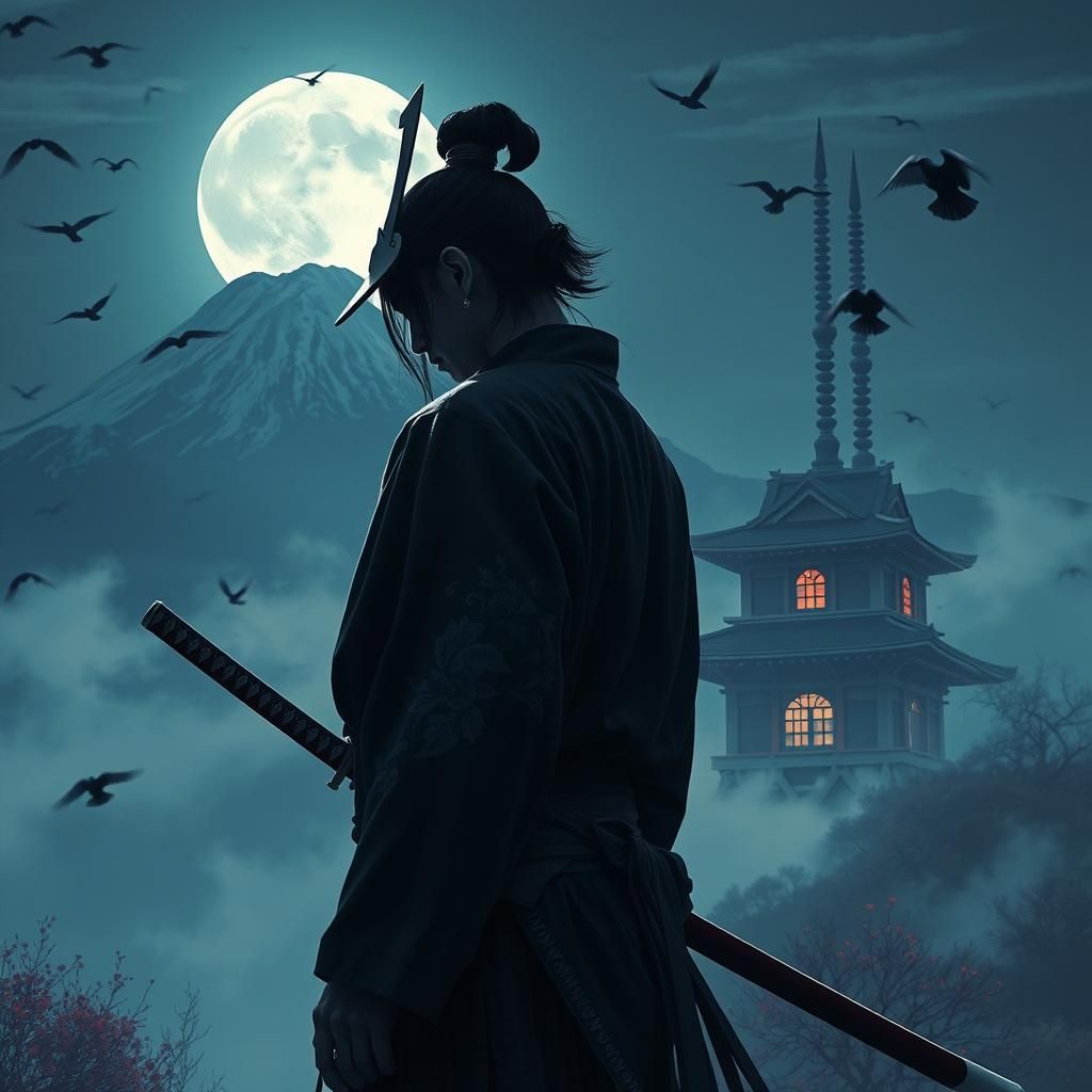 Samurai with Katana in Surreal Moonlit Landscape