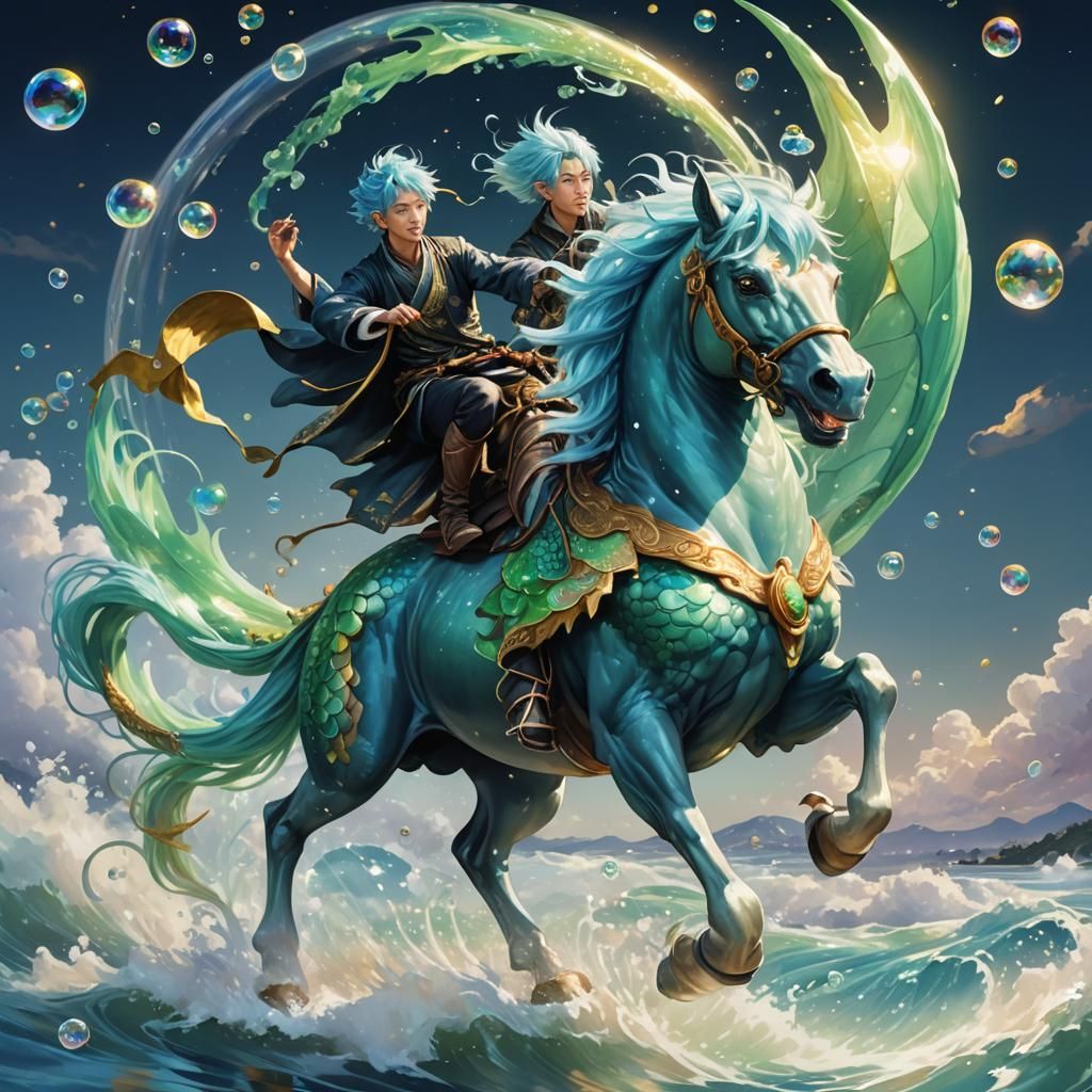 Anime Style: Young Man on Translucent Dragon-Horse