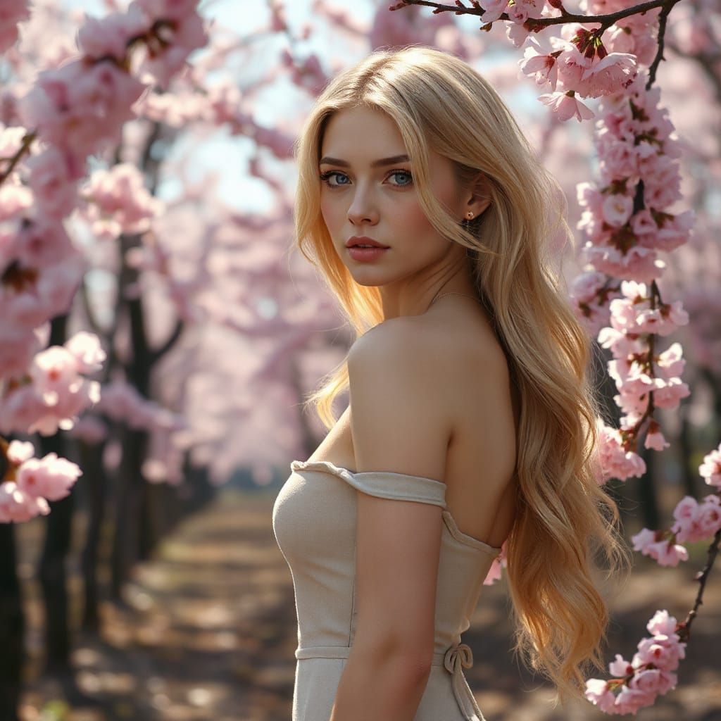 Blonde Beauty in Cherry Blossom Forest