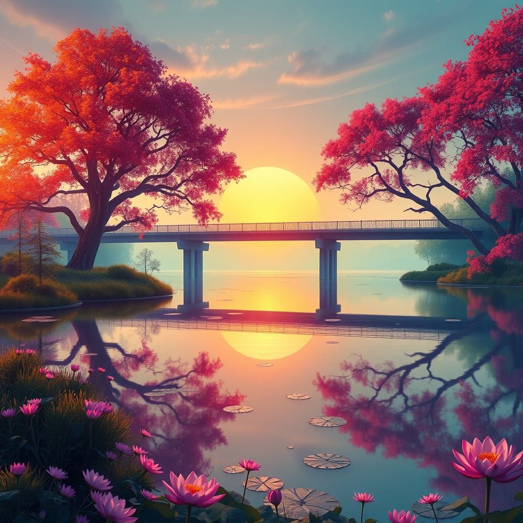 Seemingly Floating Bridge in Warm Sunrise Glow