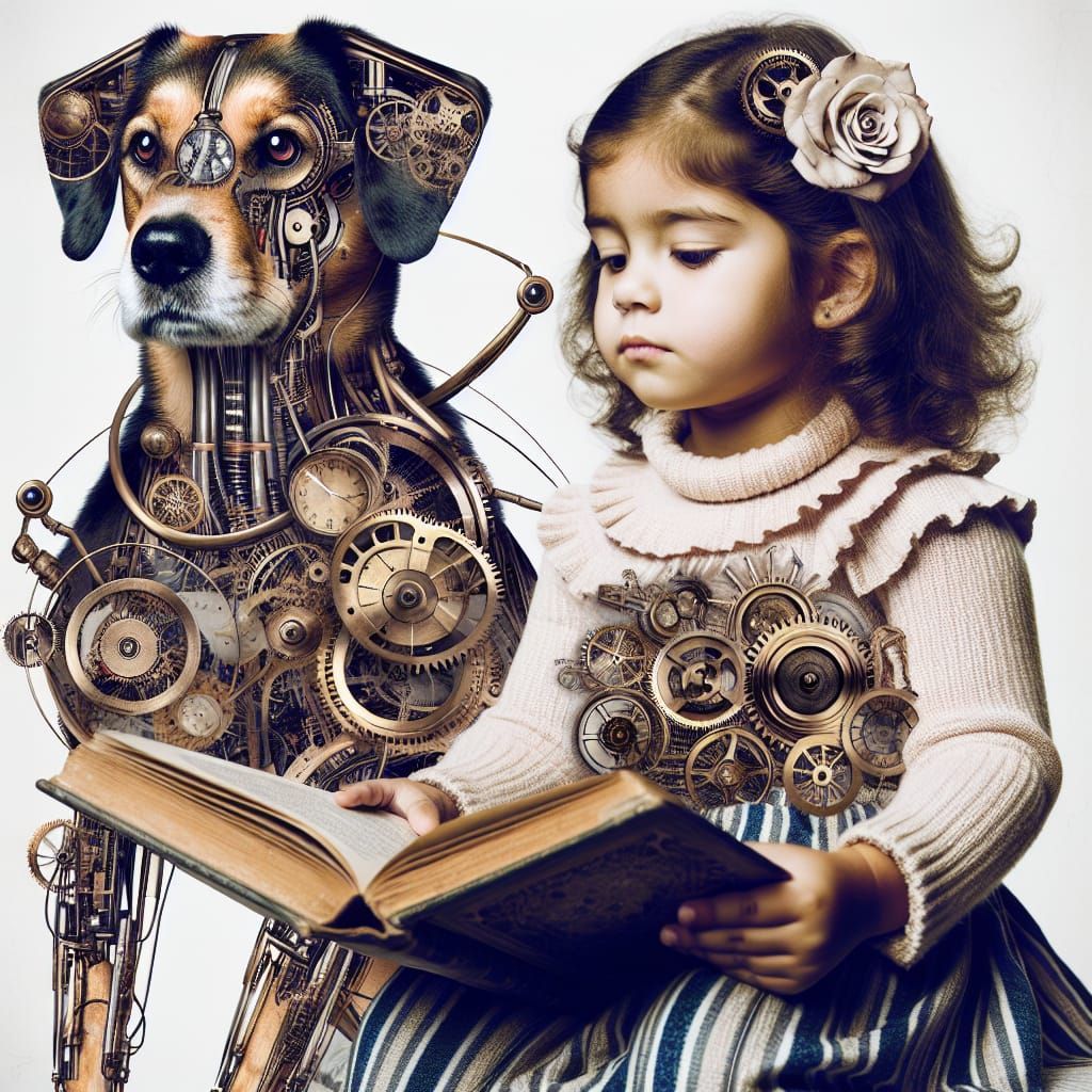 Girl Reads to Steampunk Cyborg Pet in Symbolic Style