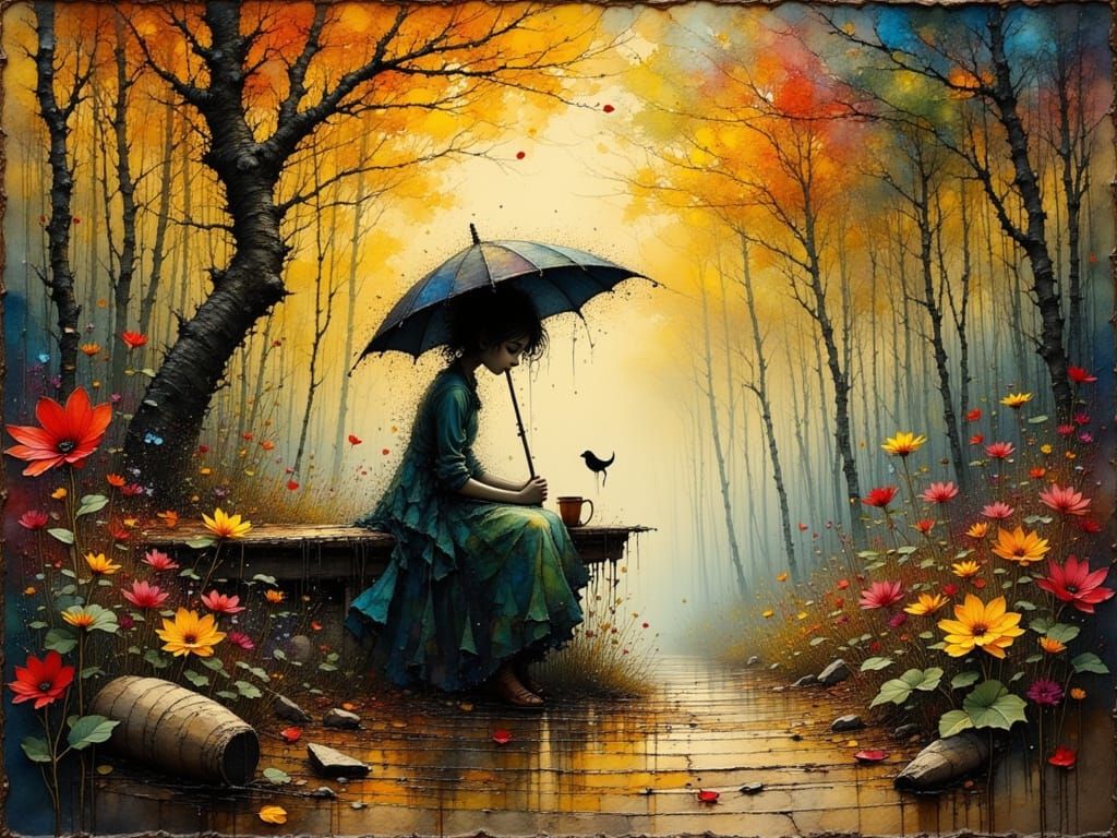 Autumn Woman on Raglan Road: Aged Oil Painting