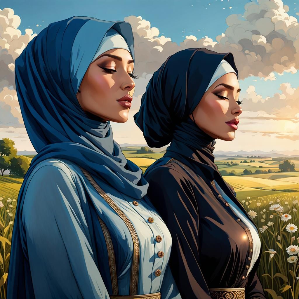 Hijabi Women Strolling Through Meadow, Digital Art