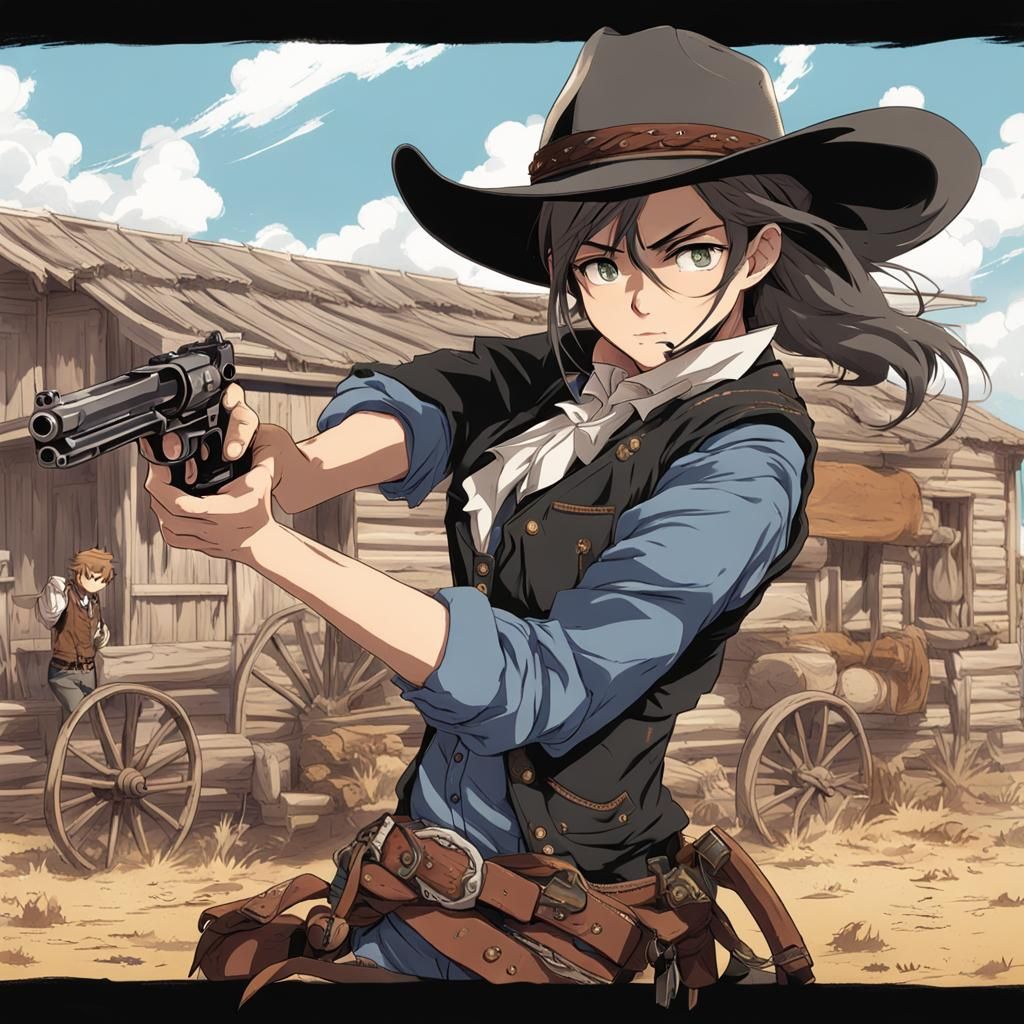 Cowgirl Shooting Revolver in Anime Style