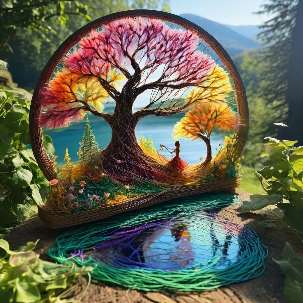 Colorful String Art Fairy in Sunny Landscape