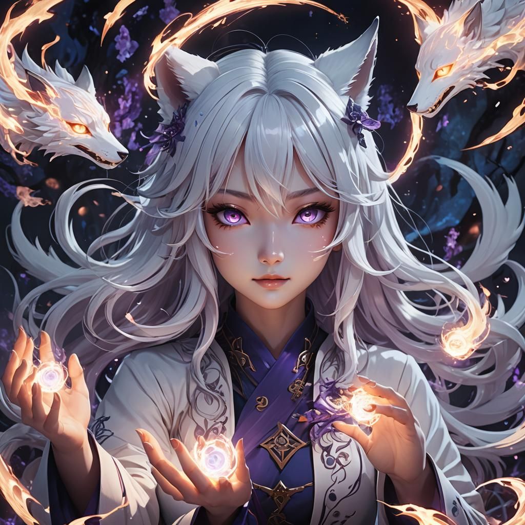 Kitsune Girl Casting Spell in Japanese Dark Fantasy