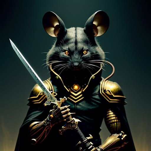 Cyberpunk Mouse Wields Biomechanical Sword in Dark Fantasy A...