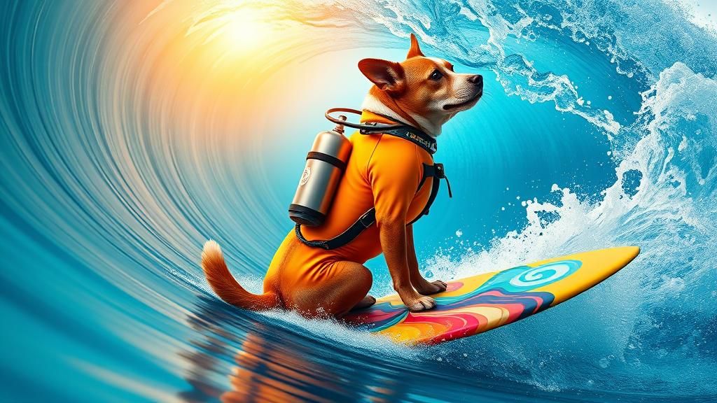 Dog Surfing in Scuba Suit, Hyperrealistic Splash Art