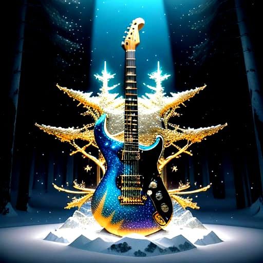 Golden Guitar Shines in Snowy Forest