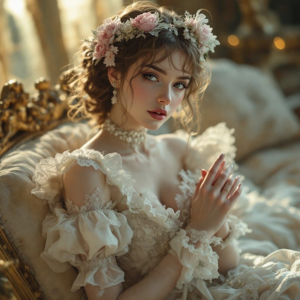 Victorian Porcelain Lady in Golden Light, Digital Art