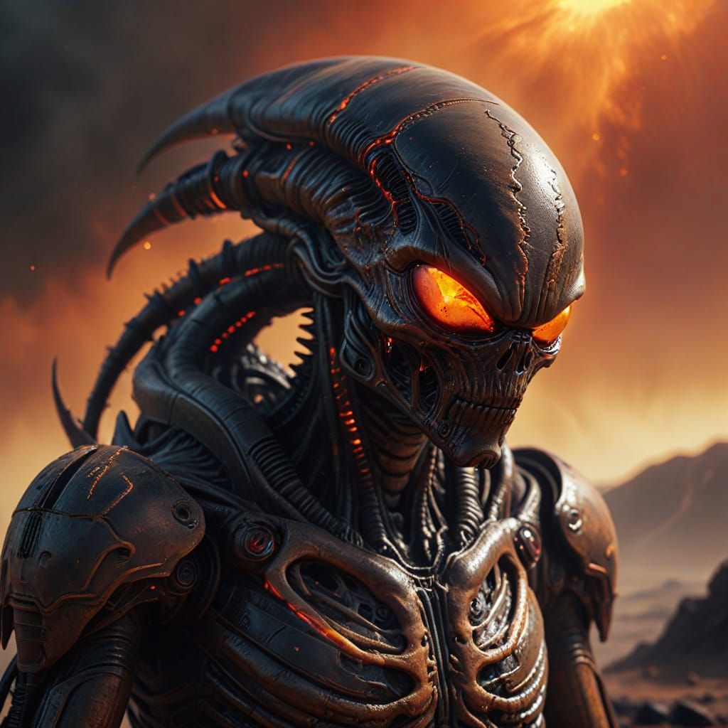 Alien on Barren Planet in Dark Sci-Fi Style