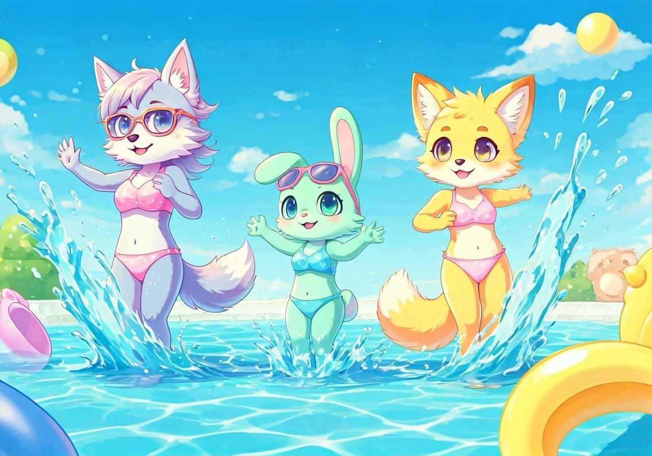 Anthropomorphic Friends Pool Party in Sanrio Style