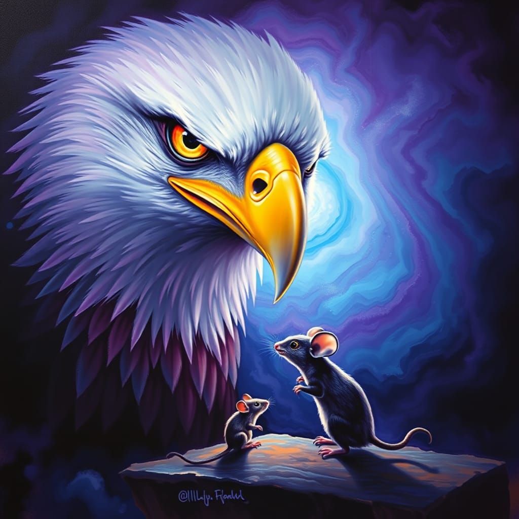 Magnetic Gaze: Eagle and Mouse in Surreal Aura