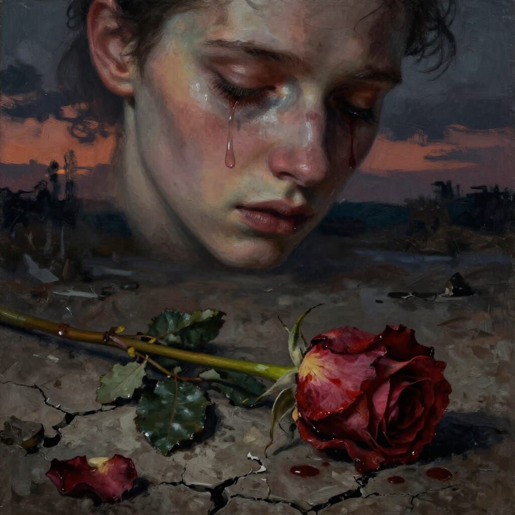 Surreal Heartbreak: Ink Tear on Wilted Rose