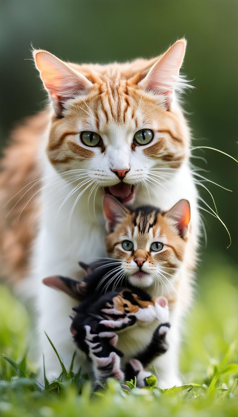 Mother Cat Carries Kitten in Mouth