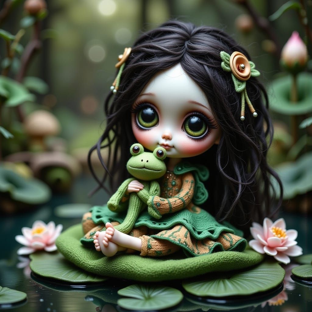 adorable knit doll  kissing a frog