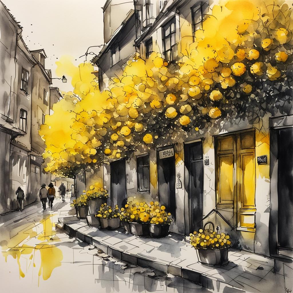 Bright Yellow Craspedia Flower in Urban Watercolor Sketch