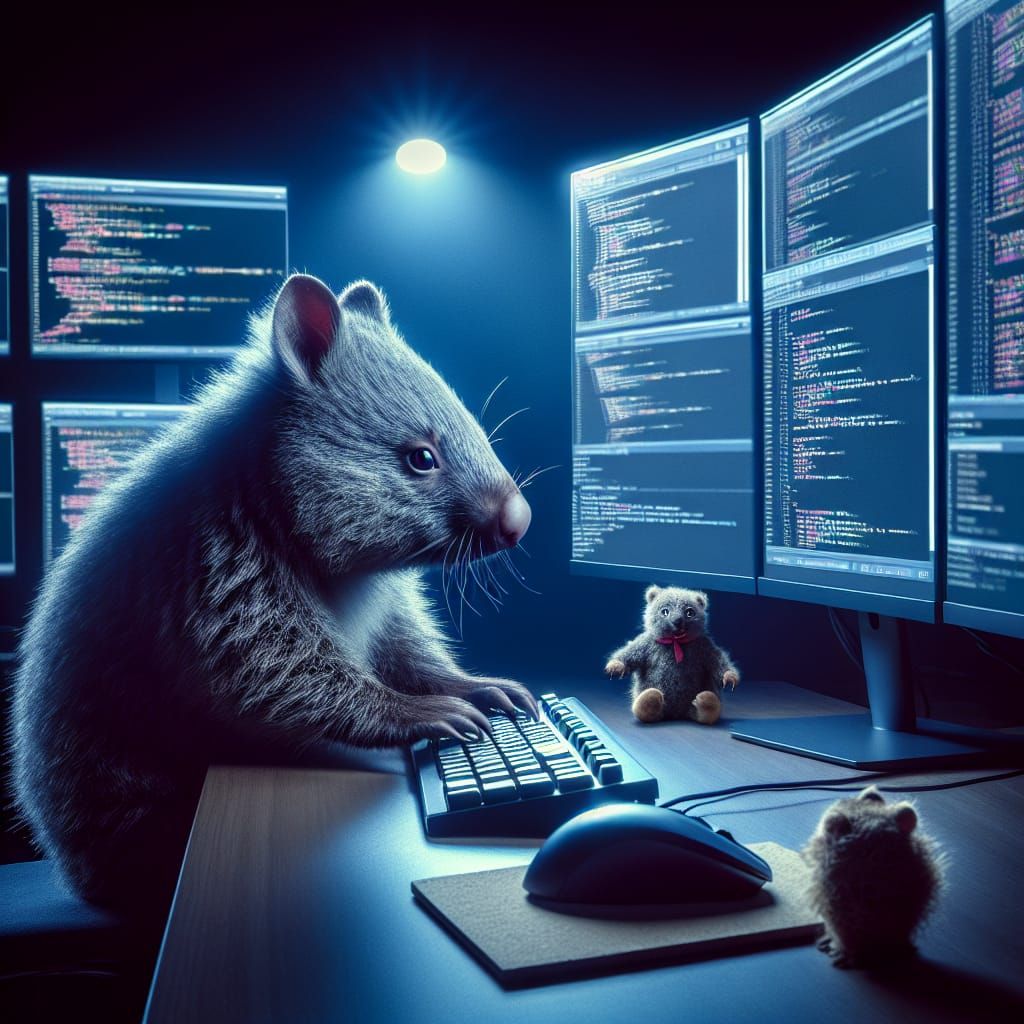 Furry Cyber Wombat Hacks Away in Dimly Lit Den