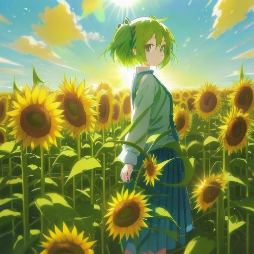 Hatsune Miku in Sunflower Field, Anime Style