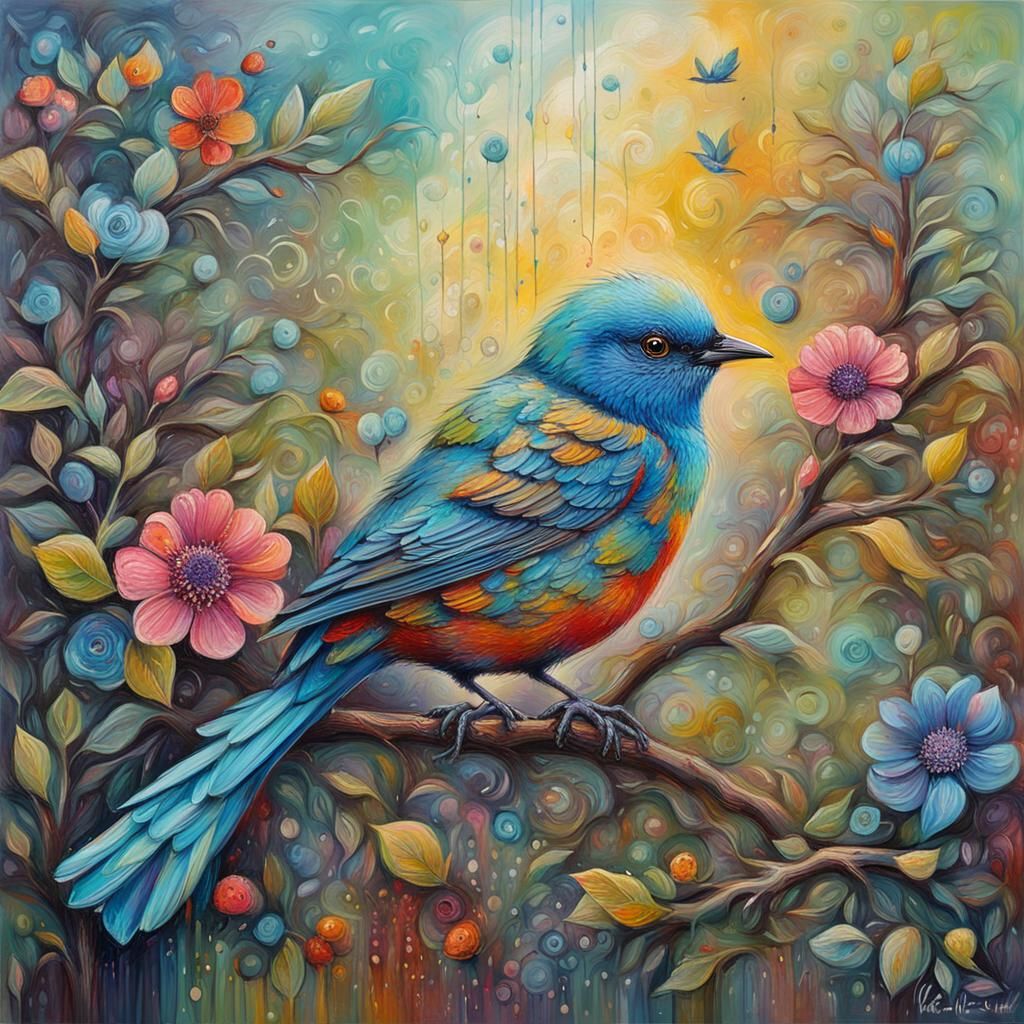 Cute Bird in Enchanted Garden, Impasto Oil Painting