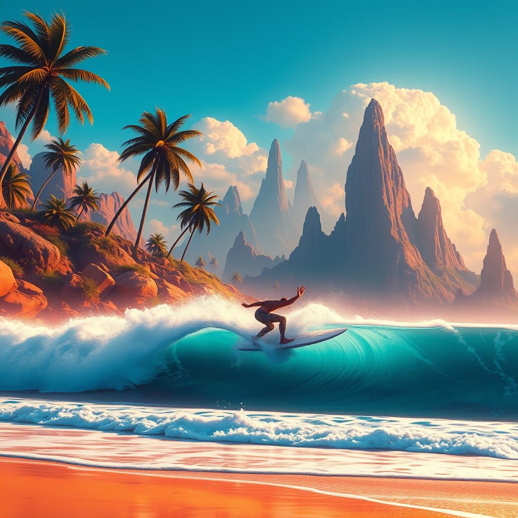 Surreal Surfing Scene in Vibrant Colors