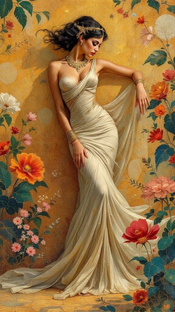 Dreamlike Goddess in Art Deco Embroidery