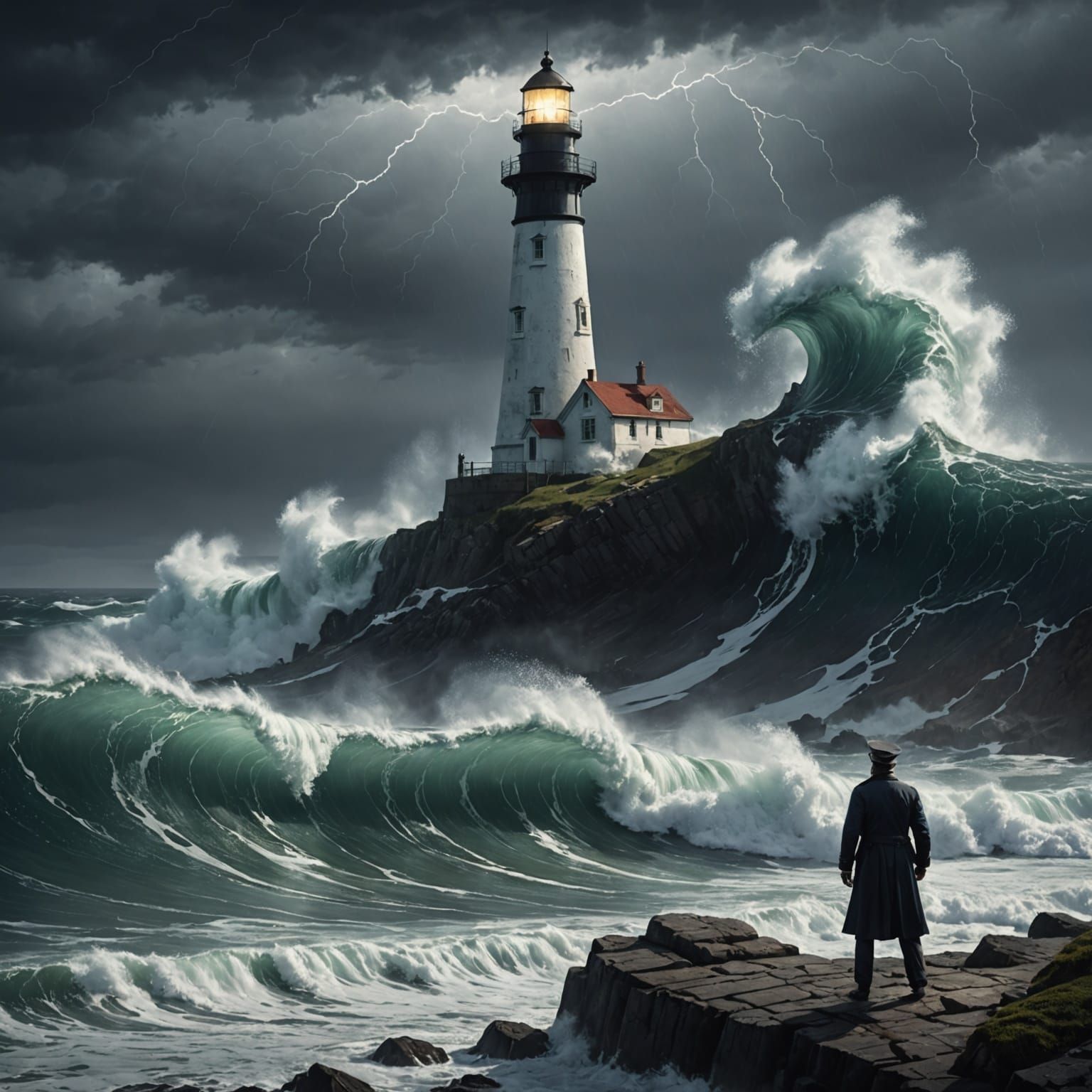 Weathered Sailor Stands Tall by Lighthouse on Turbulent Nigh...