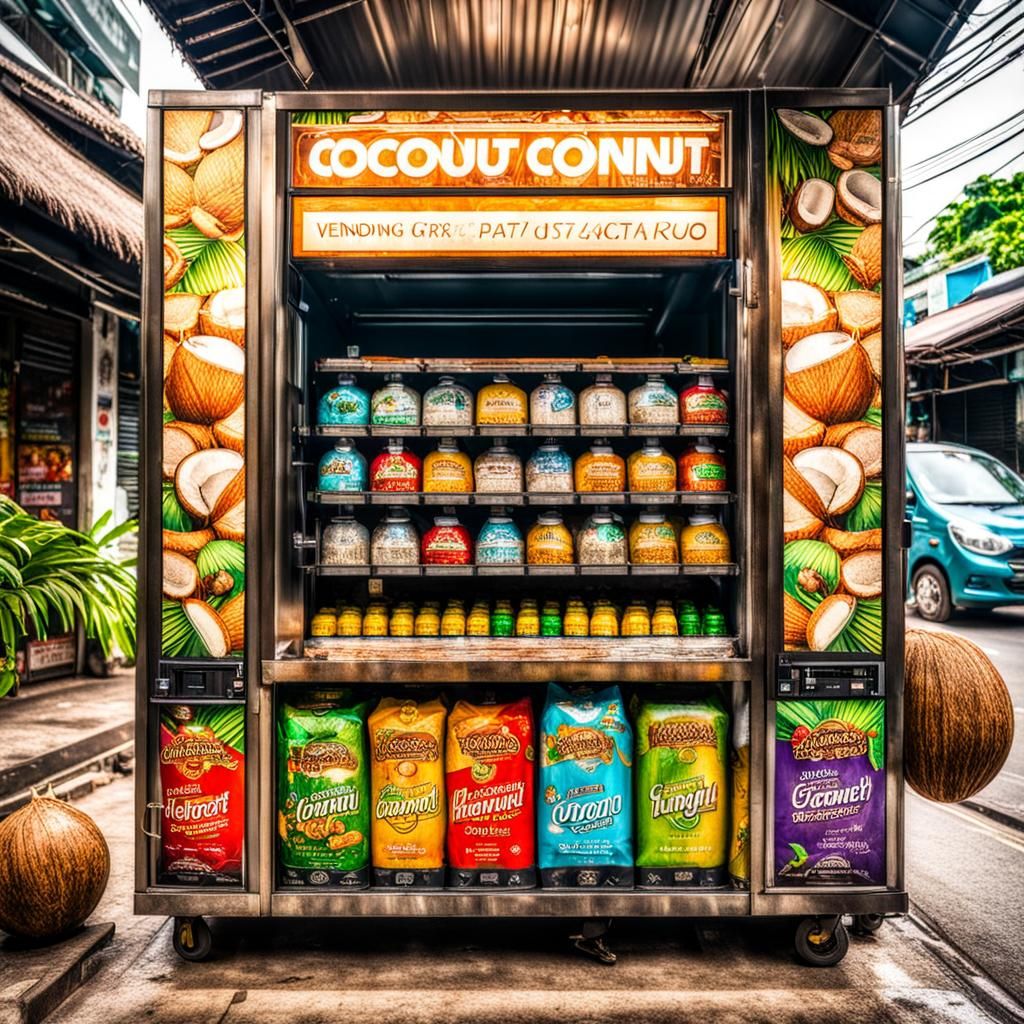Hyperrealistic Coconut Vending Machine in Bangkok