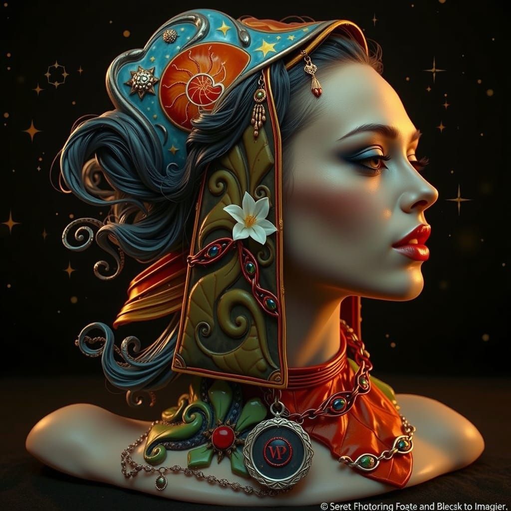 Woman with Jasmine in Starry Fractal Night