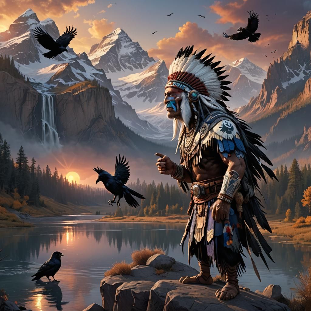 Indian Chief with White Buffalo at Sunset