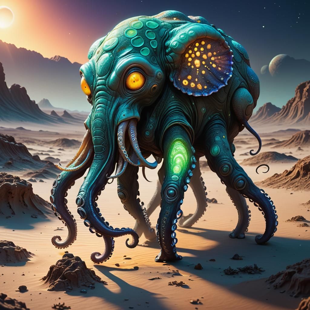 Octopus-Elephant Alien on Exoplanet in Concept Art Style
