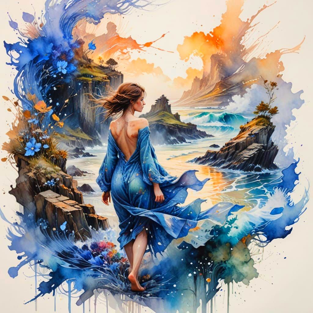 The Sapphire Wanderer in Stylized Watercolour