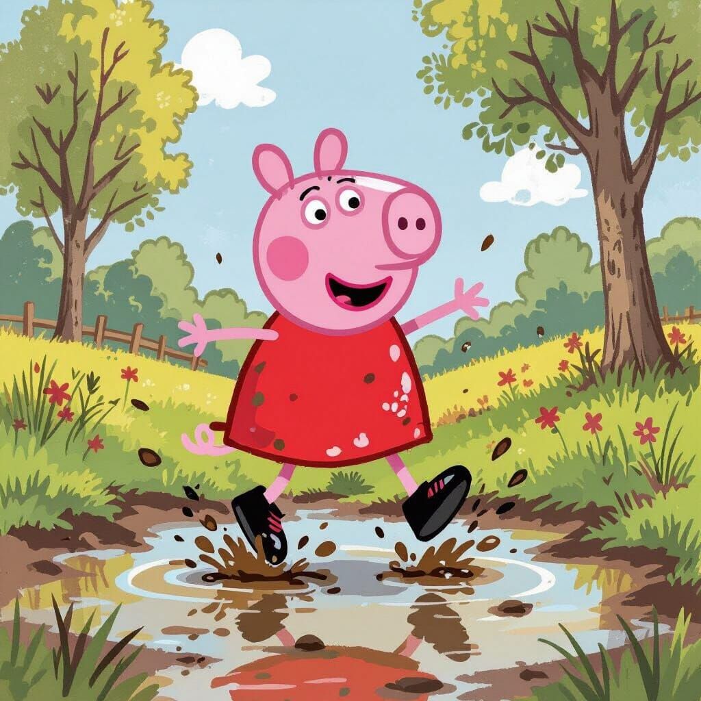 Peppa Pig Jumps in Muddy Puddle Illustration