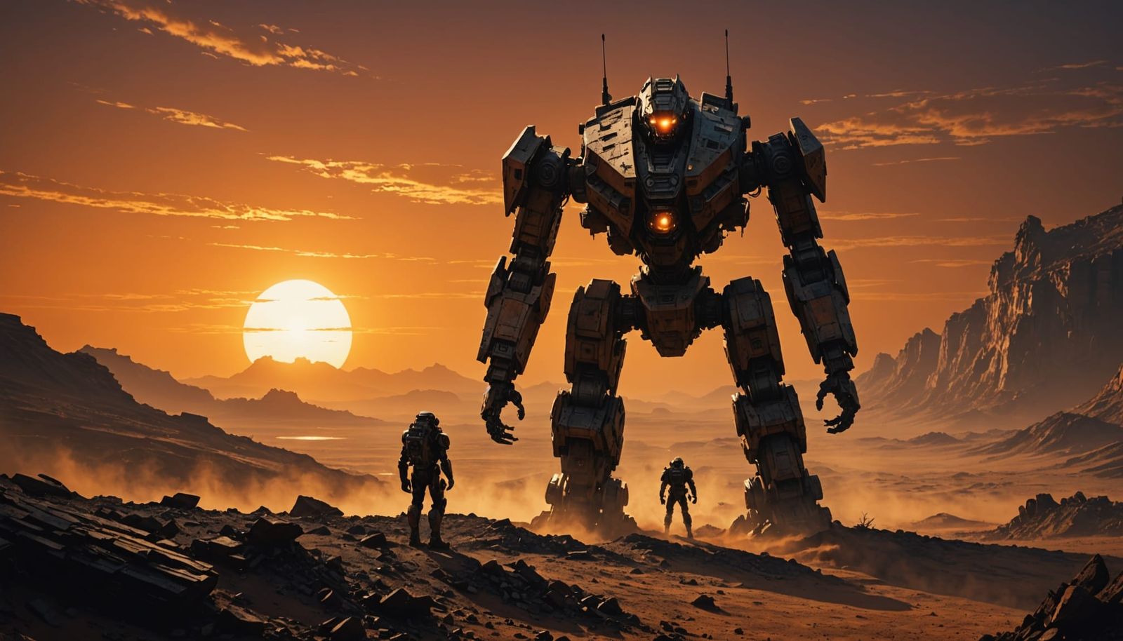Colossal Mech Against Binary Sunset
