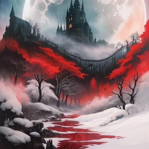 Dracula's Castle: Occult Horror Landscape in Oil and Ink